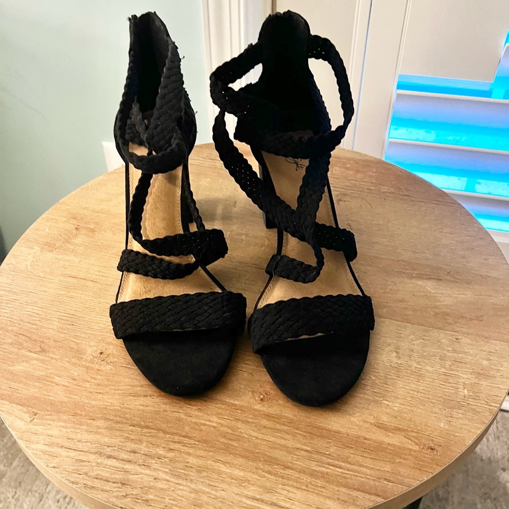 Braided Wrap Tie Black Heeled Sandals